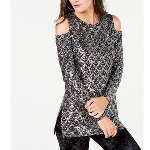 Michael Kors Sequin Blouse Silver Metallic Cold Shoulder Stretch Party Top Large